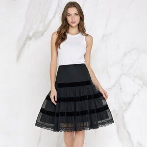 Wet Seal Y2K Black Velvet & Sheer Tiered Midi Skirt, Size S